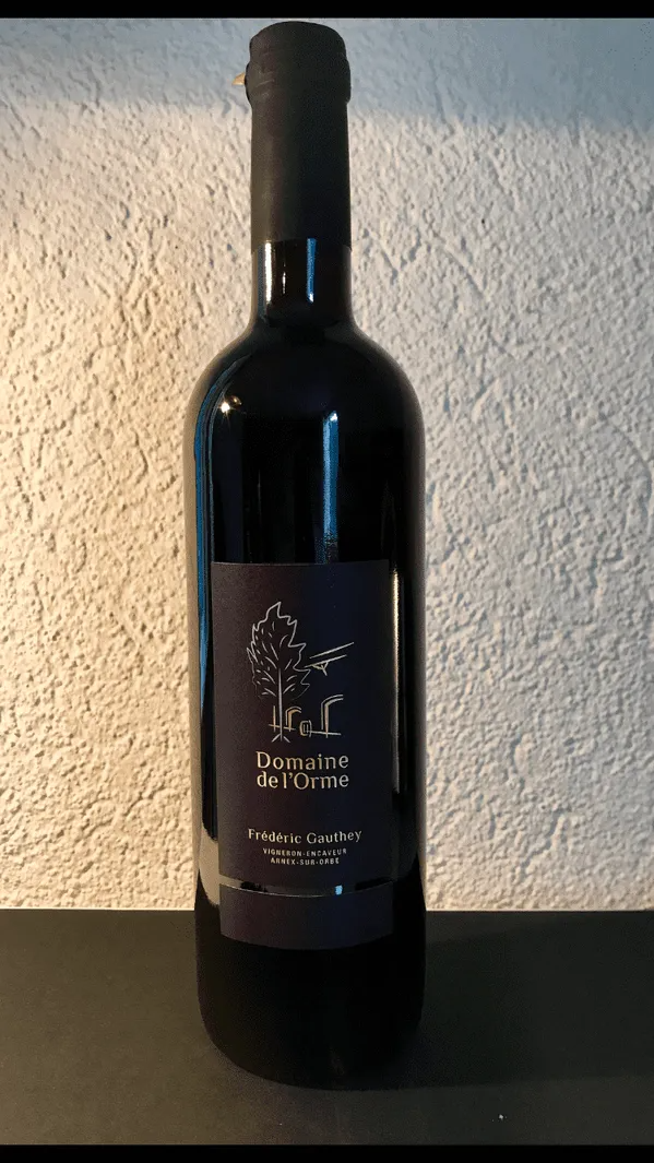 Bouteille de vin rouge foncé avec étiquette noire, bouchon de liège et design élégant.