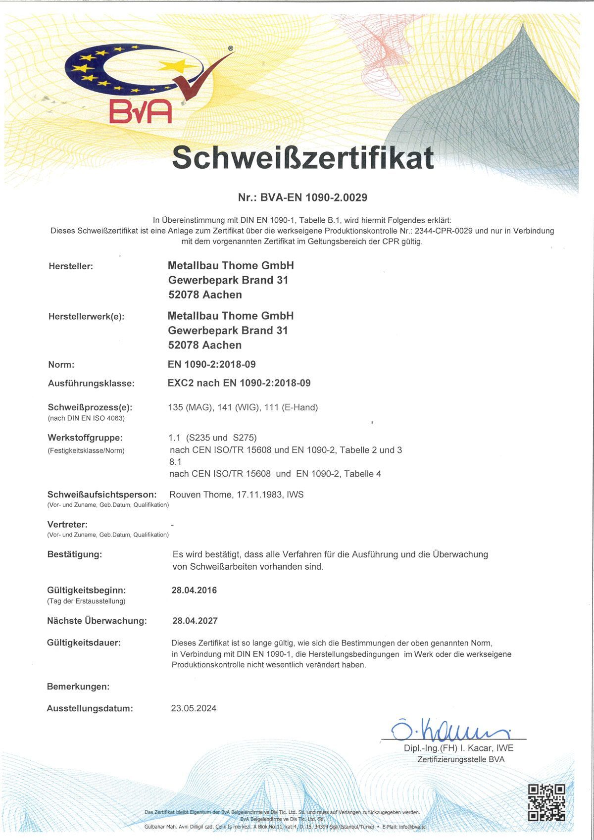 Zertifikat Werkseigene Produktionskontrolle