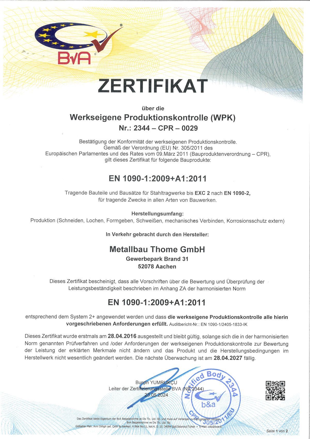 Zertifikat Werkseigene Produktionskontrolle
