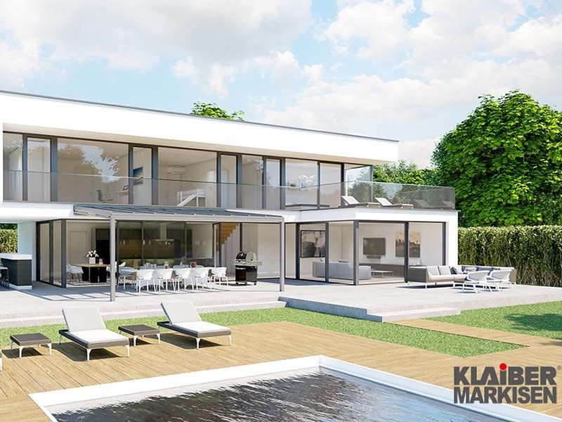 Eine künstlerische Darstellung eines modernen Hauses mit Swimmingpool.