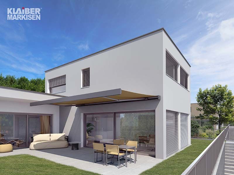 Künstlerische Darstellung eines modernen Hauses mit Terrasse.