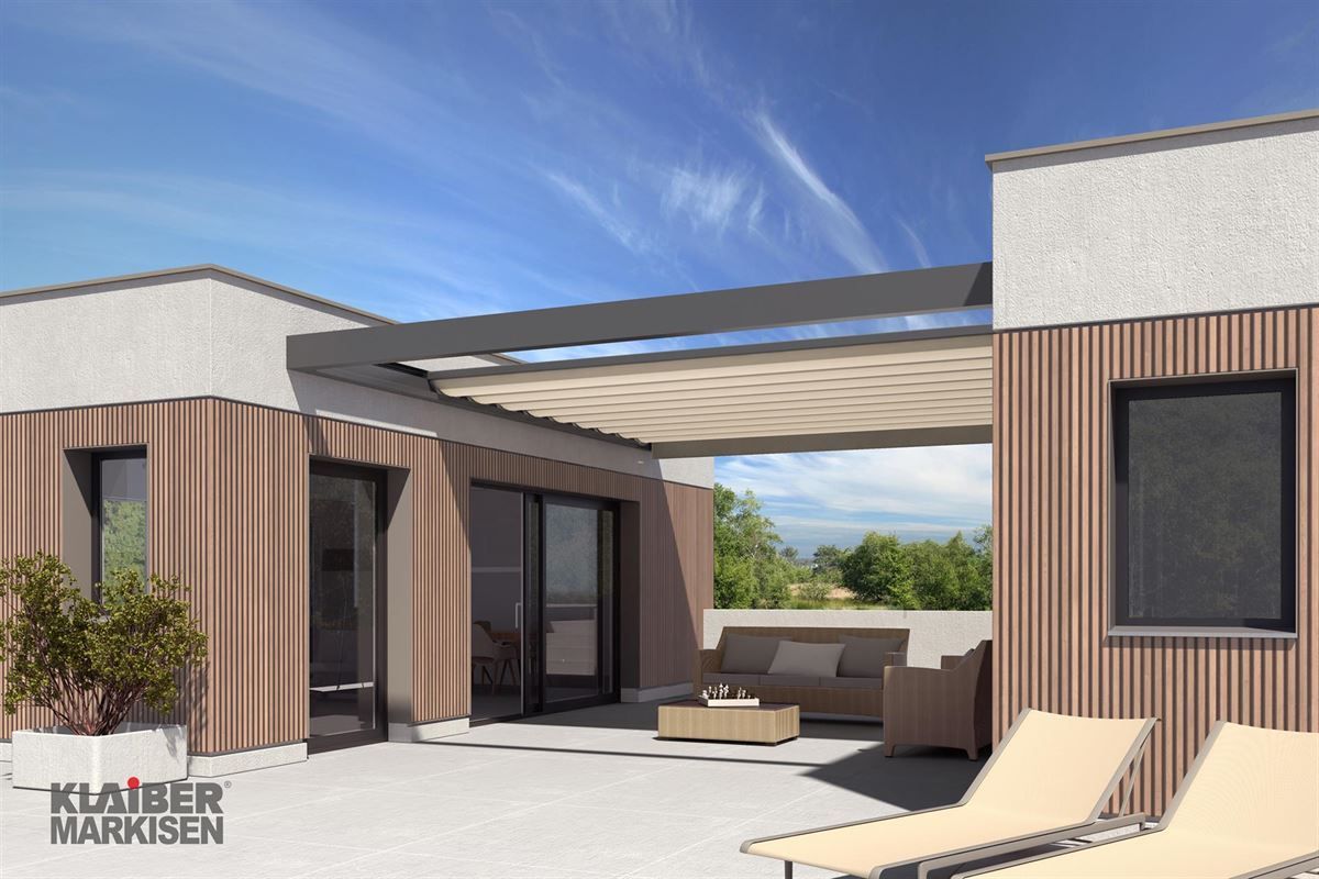 Eine künstlerische Darstellung eines Hauses mit einer Pergola