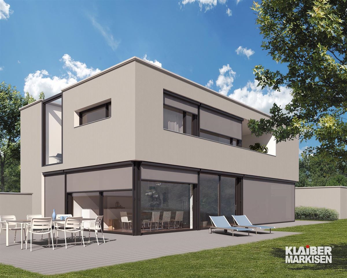 Künstlerische Darstellung eines modernen Hauses mit Terrasse.