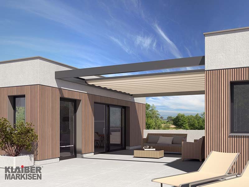 Eine künstlerische Darstellung eines Hauses mit Terrasse und Pergola.