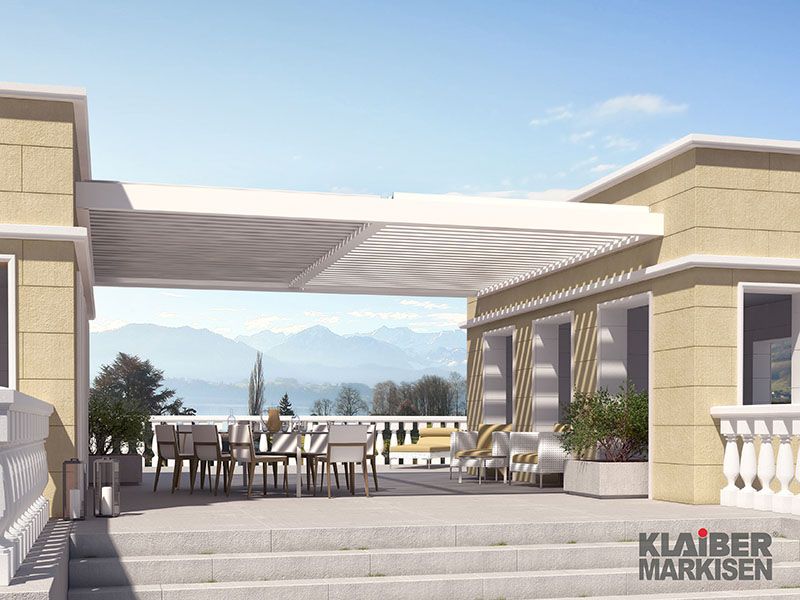 Eine künstlerische Darstellung eines Hauses mit einer Pergola