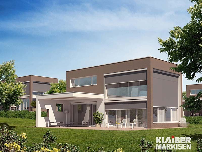 Eine künstlerische Darstellung eines modernen Hauses von Klaber Markisen