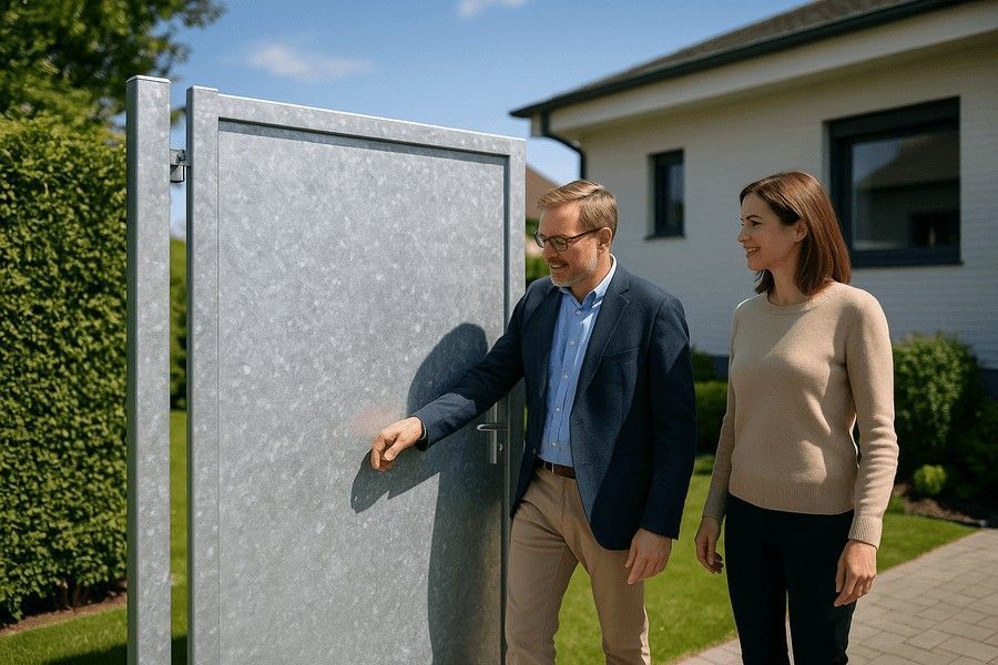 Un hombre señala una moderna puerta exterior de acero galvanizado
