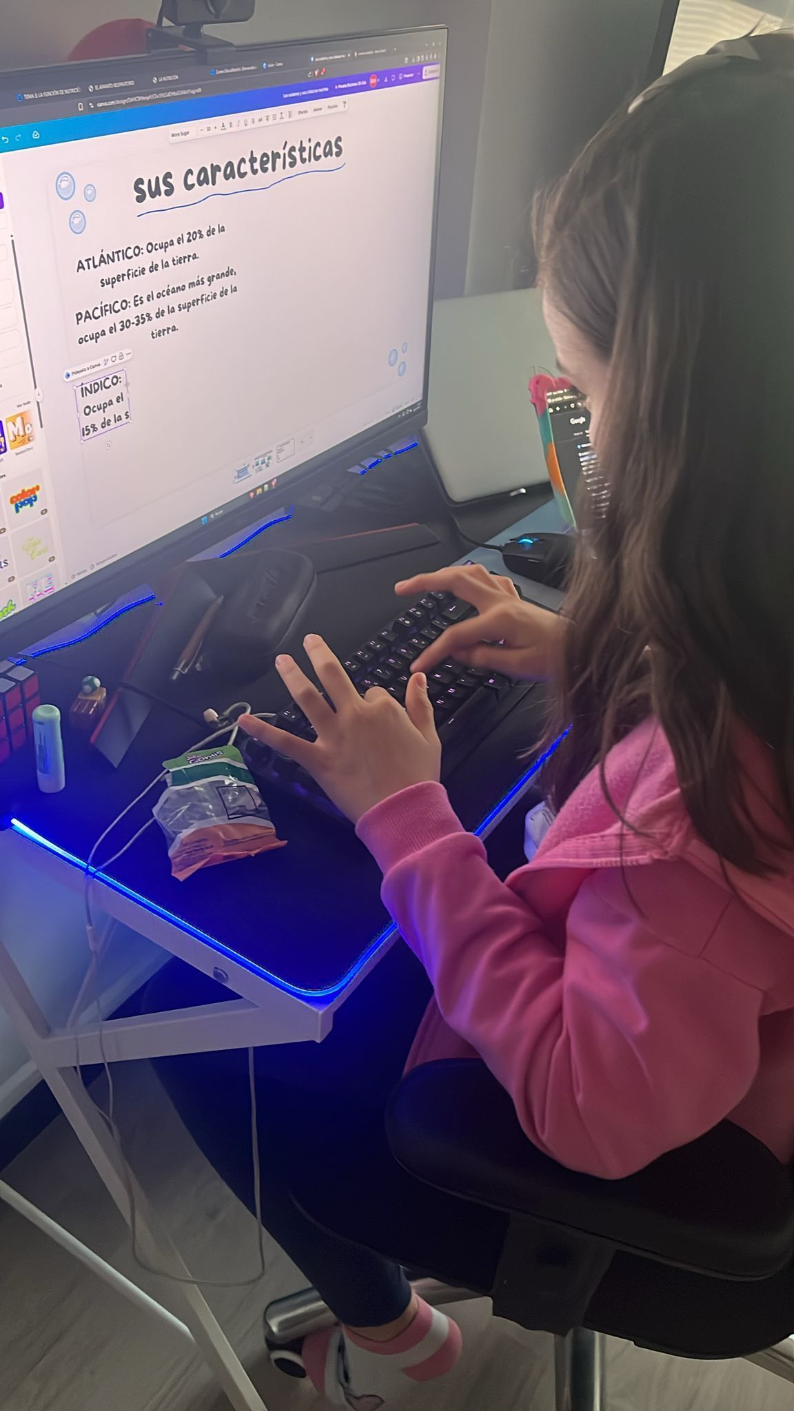 Una persona con una sudadera rosa con capucha está sentada en un escritorio iluminado