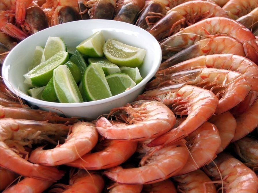 Camarões cozidos dispostos ao redor de uma tigela com fatias de limão.