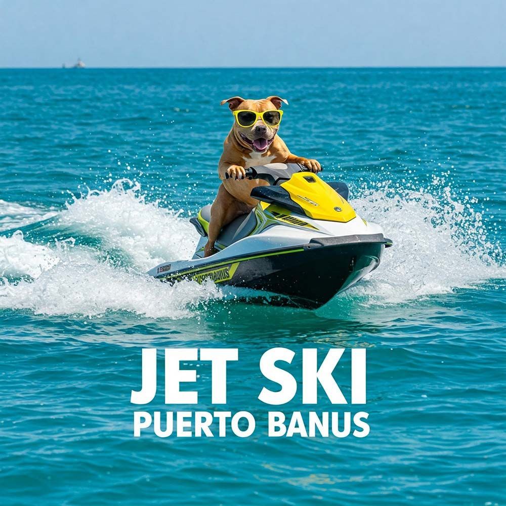 Perro con gafas de sol pasea en moto acuática en Puerto Banús.