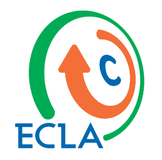 Logo circulaire vert et orange avec une flèche, un « C » bleu et le texte « ECLA ».