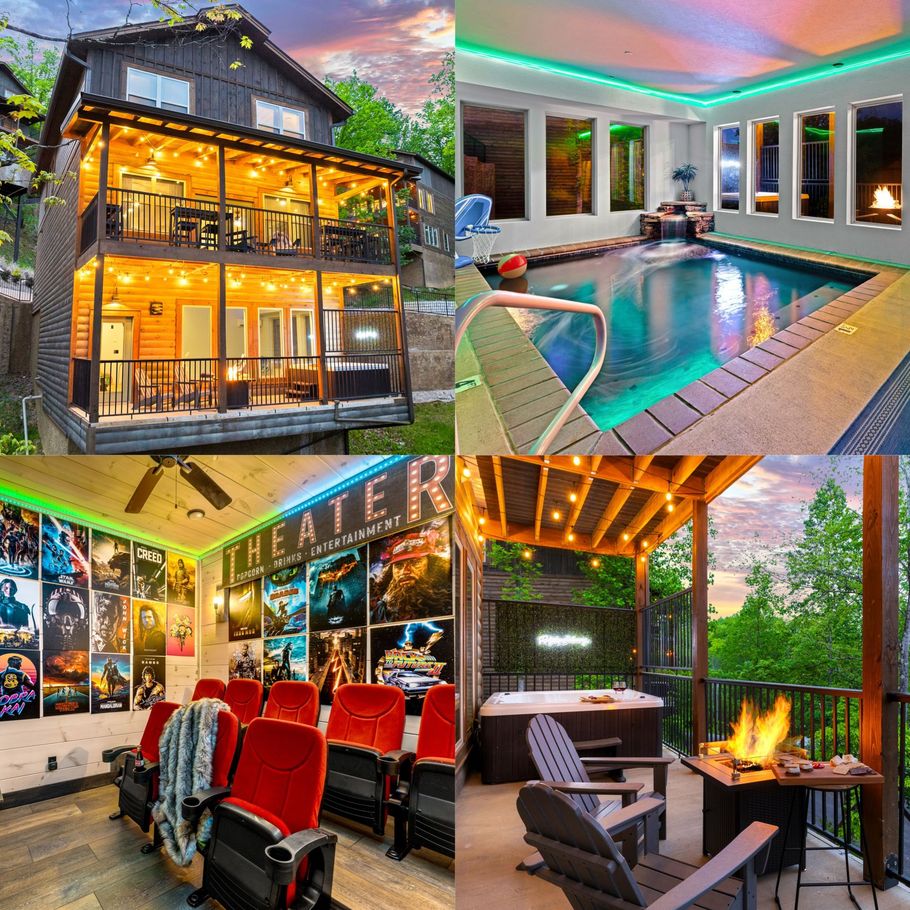 A collage of pictures of a house with a theater and a pool.