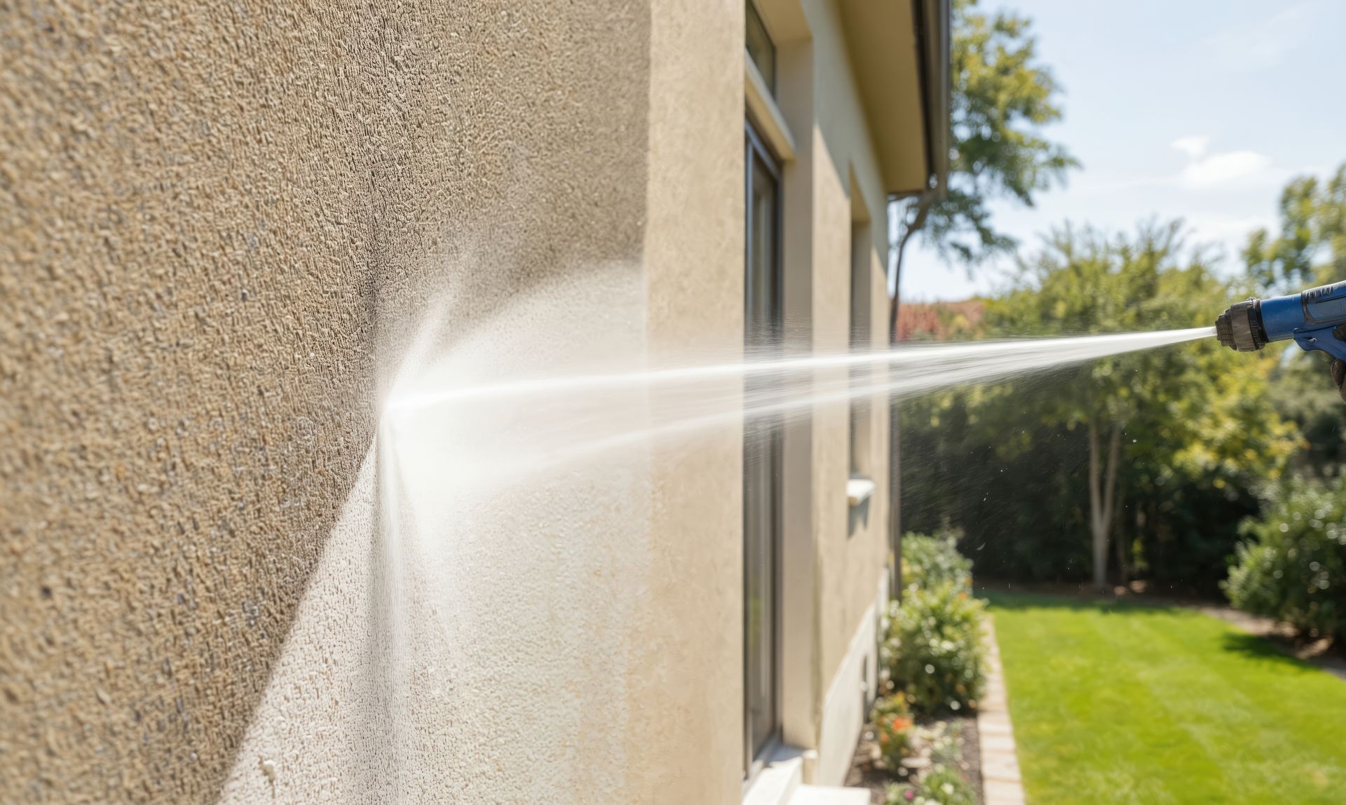 Nettoyage à haute pression d'un mur en stuc beige d'une maison, l'eau giclant depuis la droite