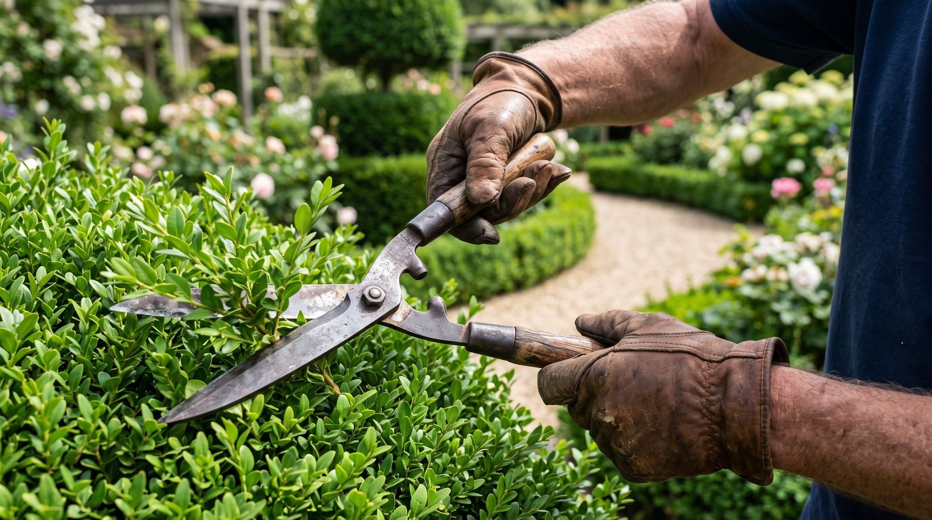 Des mains gantées taillent une haie verte avec des cisailles dans un jardin