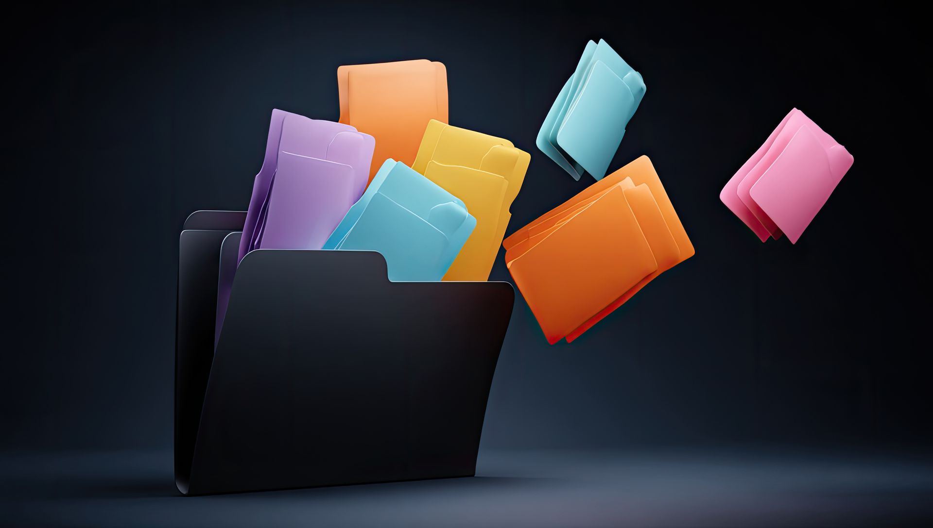 Dossier noir avec des post-its et des feuilles colorées qui sortent du dossier sur un fond sombre.