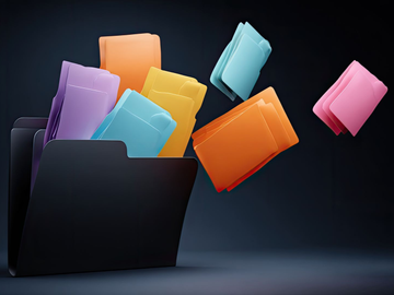 Des dossiers colorés débordent d'un porte-documents noir sur fond sombre.