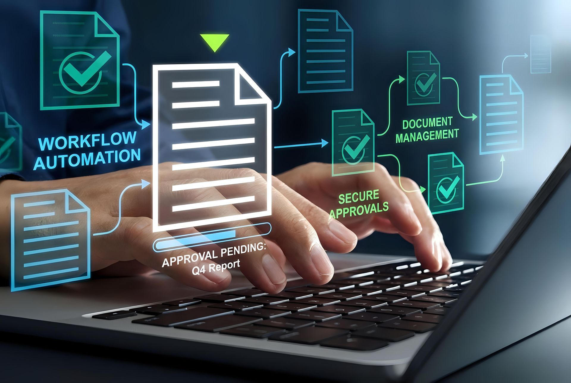 Des mains tapent sur un ordinateur portable avec des icônes de documents numériques.