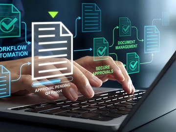 Des mains tapant sur un ordinateur portable avec des icônes flottantes de documents et d'automatisation des flux de travail sur un écran sombre.