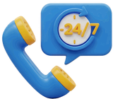 Un téléphone bleu et jaune avec une bulle de dialogue indiquant une disponibilité, 24h/24 et 7j/7.