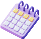 Un calendrier 3D violet avec onglets supérieurs jaunes et cases de dates blanches.