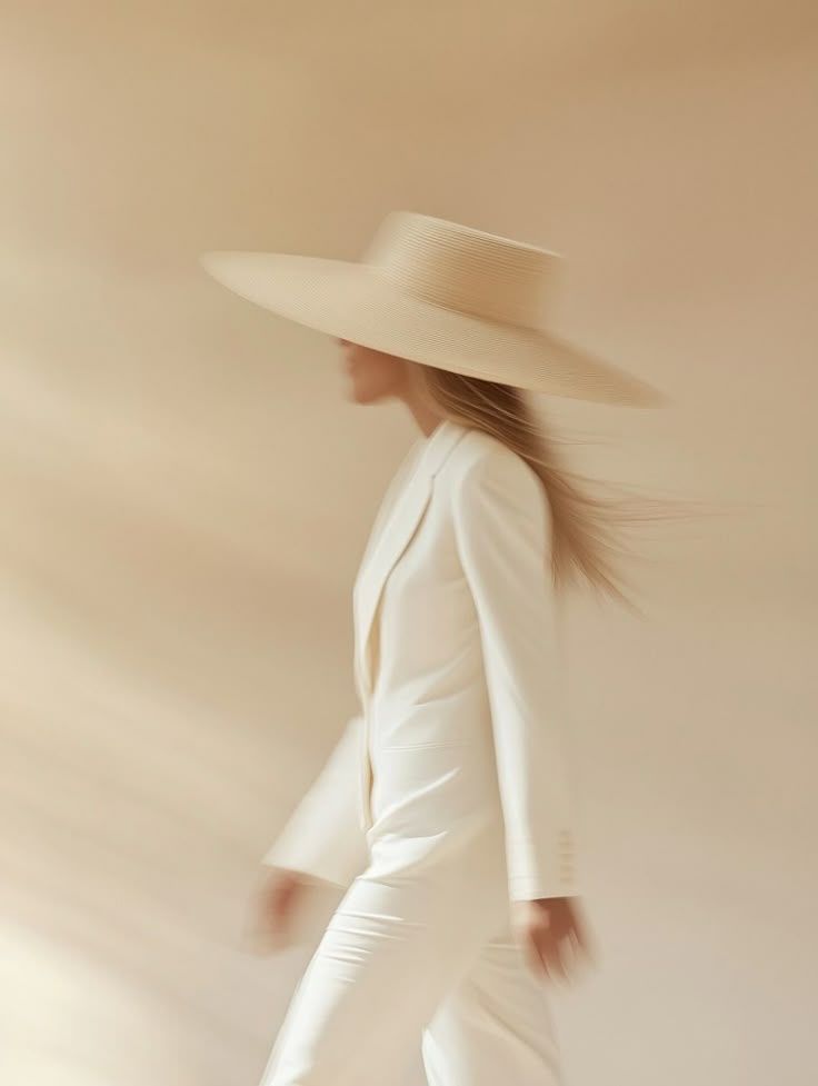 Mujer con traje blanco y sombrero de ala ancha, caminando con movimiento borroso.