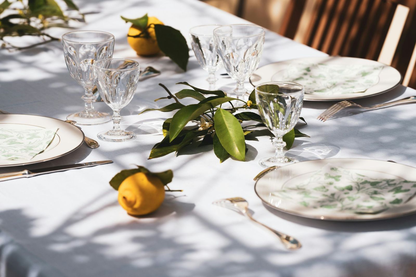 Juego de mesa para comer, mantel blanco, limones, copas de cristal, platos, vegetación.