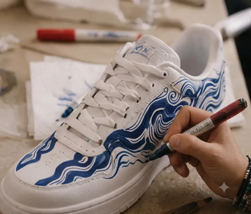 Dibujando a mano patrones de olas azules sobre una zapatilla blanca con un rotulador.