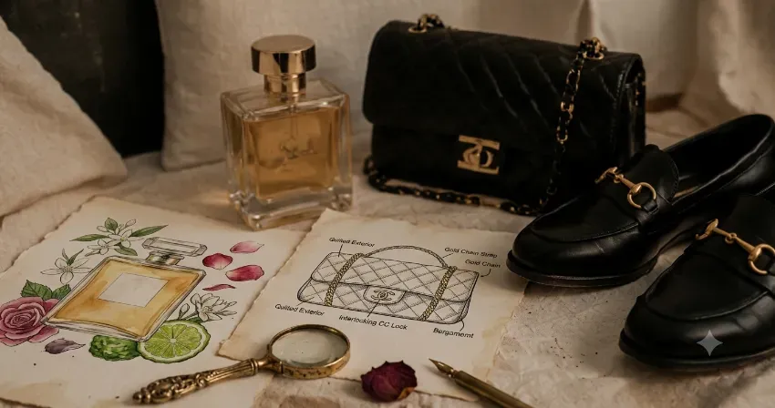 Composición cenital de perfume, bolso negro, mocasines, joyas y un boceto sobre una tela estampada.
