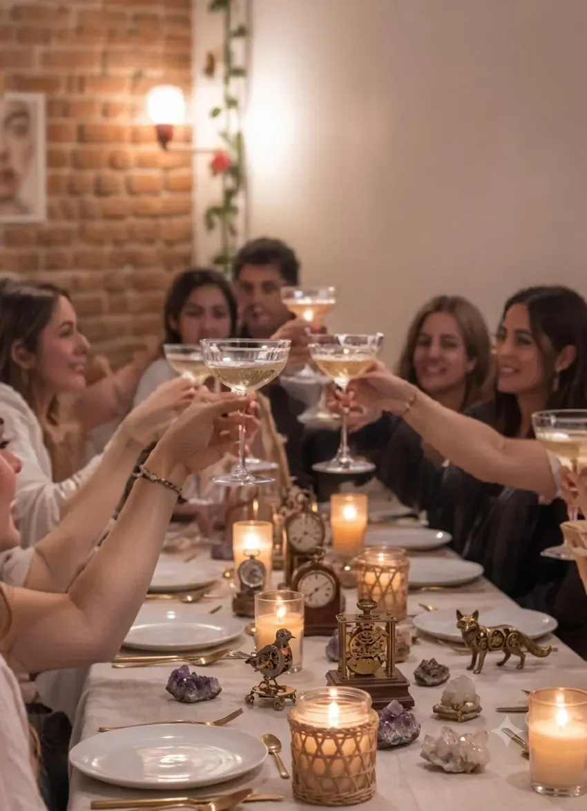Los invitados a una cena brindan alrededor de una larga mesa iluminada con velas en un acogedor comedor con paredes de ladrillo.