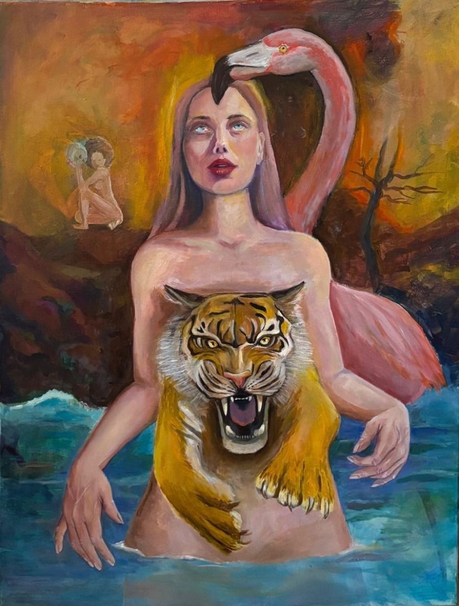 Pintura surrealista de un flamenco, el torso de un tigre y una mujer en el agua sobre un fondo de fuego.