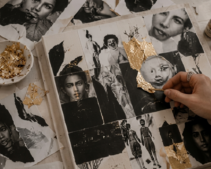 Colocación manual de pan de oro sobre un collage de retratos fotográficos en blanco y negro sobre papel.