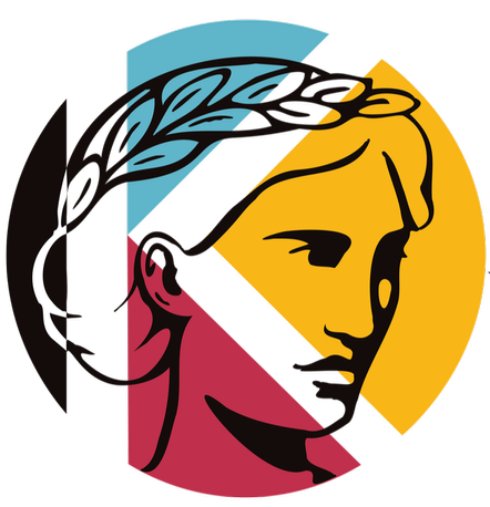 Ilustración de perfil estilizada con corona de laurel en azul, amarillo, rojo, negro y blanco.