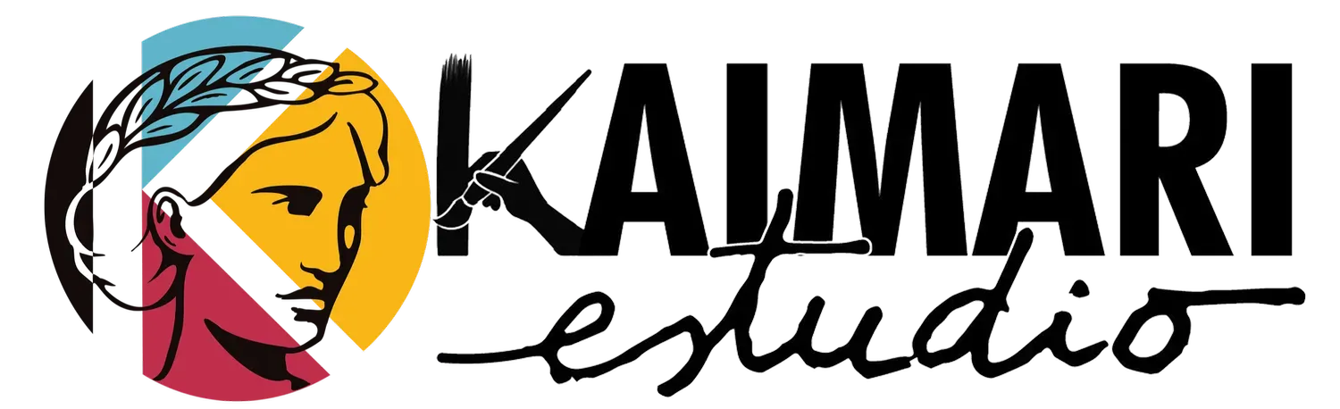 Logotipo de Kalimari Estudio con rostro ilustrado a color y texto negro sobre fondo blanco.