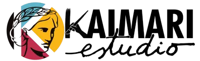 Logotipo de Kalimari Estudio con rostro ilustrado a color y texto negro sobre fondo blanco.