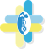 Logotipo médico abstracto y colorido con un óvalo azul en el centro y símbolos sanitarios blancos.