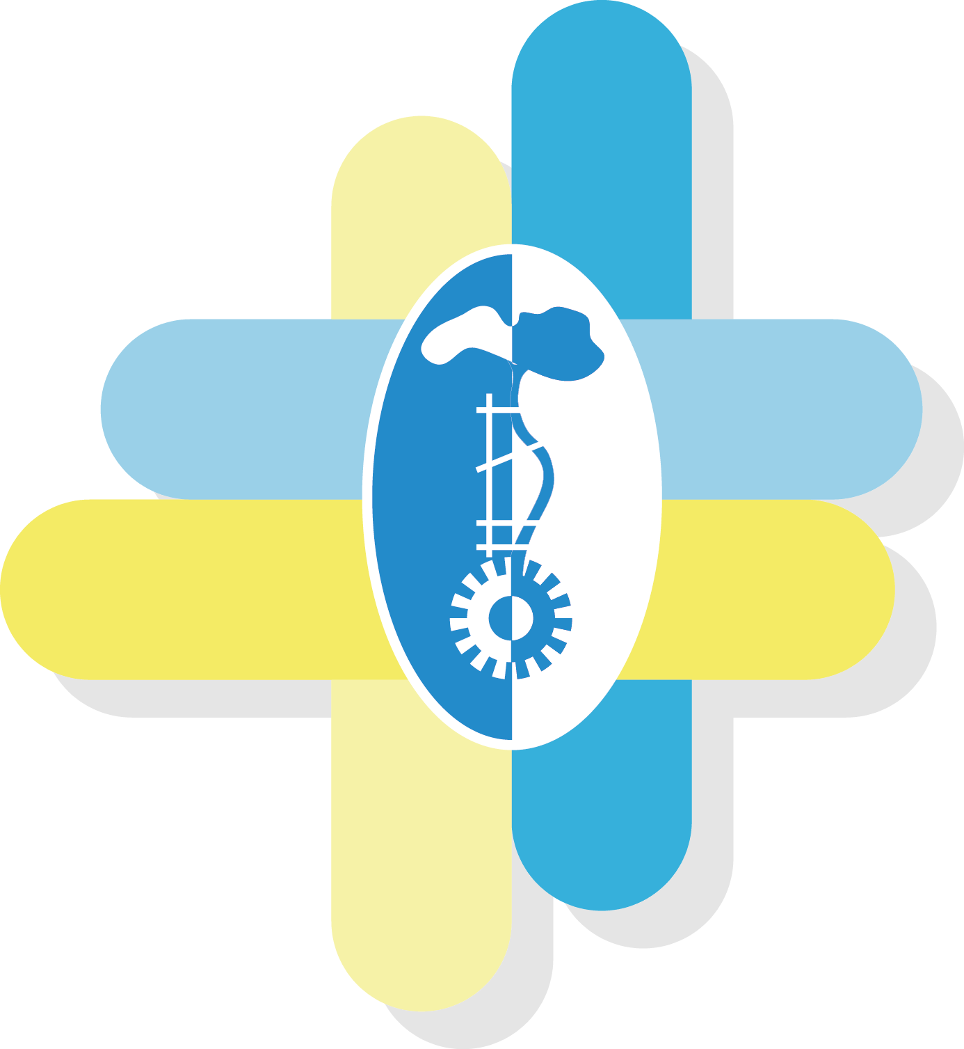 Logotipo médico abstracto y colorido con un óvalo azul en el centro y símbolos sanitarios blancos.