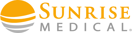Logotipo de Sunrise Medical con sol naranja y texto gris sobre fondo blanco.