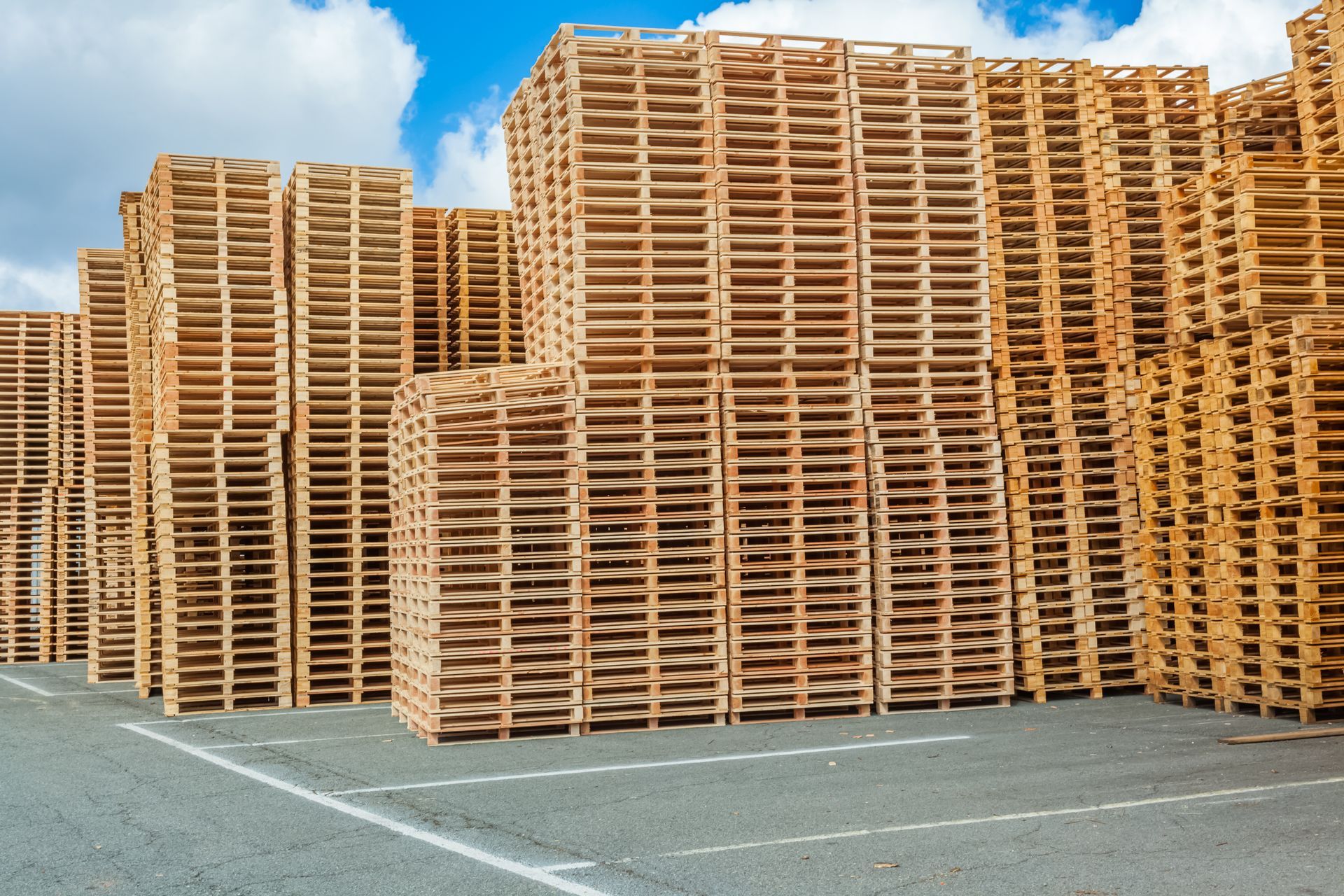 Pile de nombreuses palettes en extérieur.