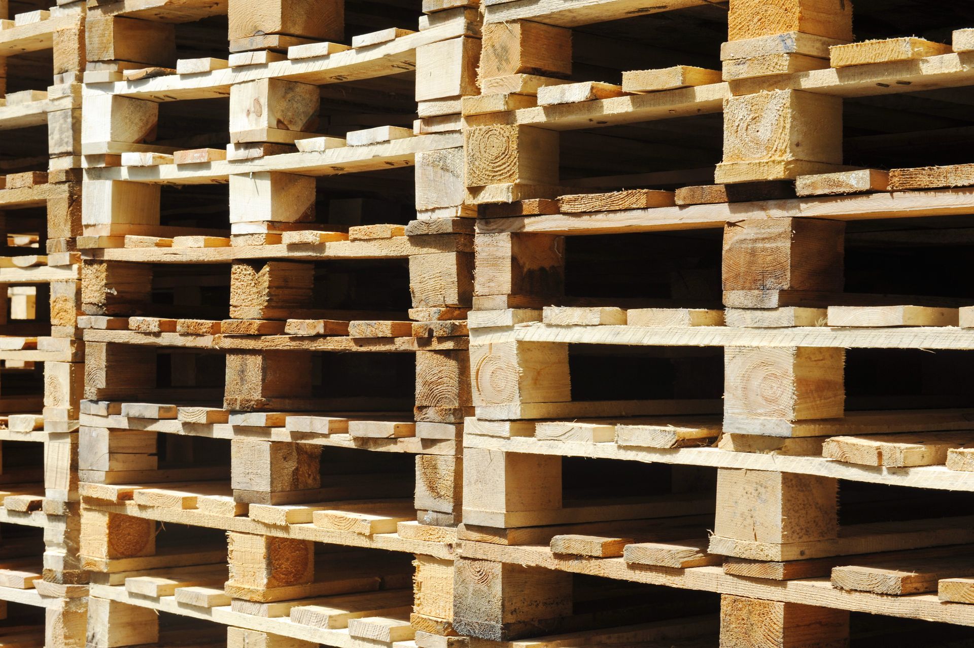 Gros plan sur des rangées de palettes en bois.