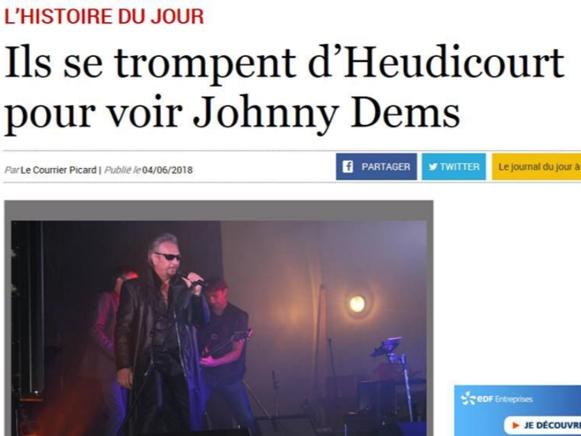 Article de journal sur un événement de sosies. Photo de groupe avec JOHNNY DEMS  lors d'un événement au Pays de Meslay.
