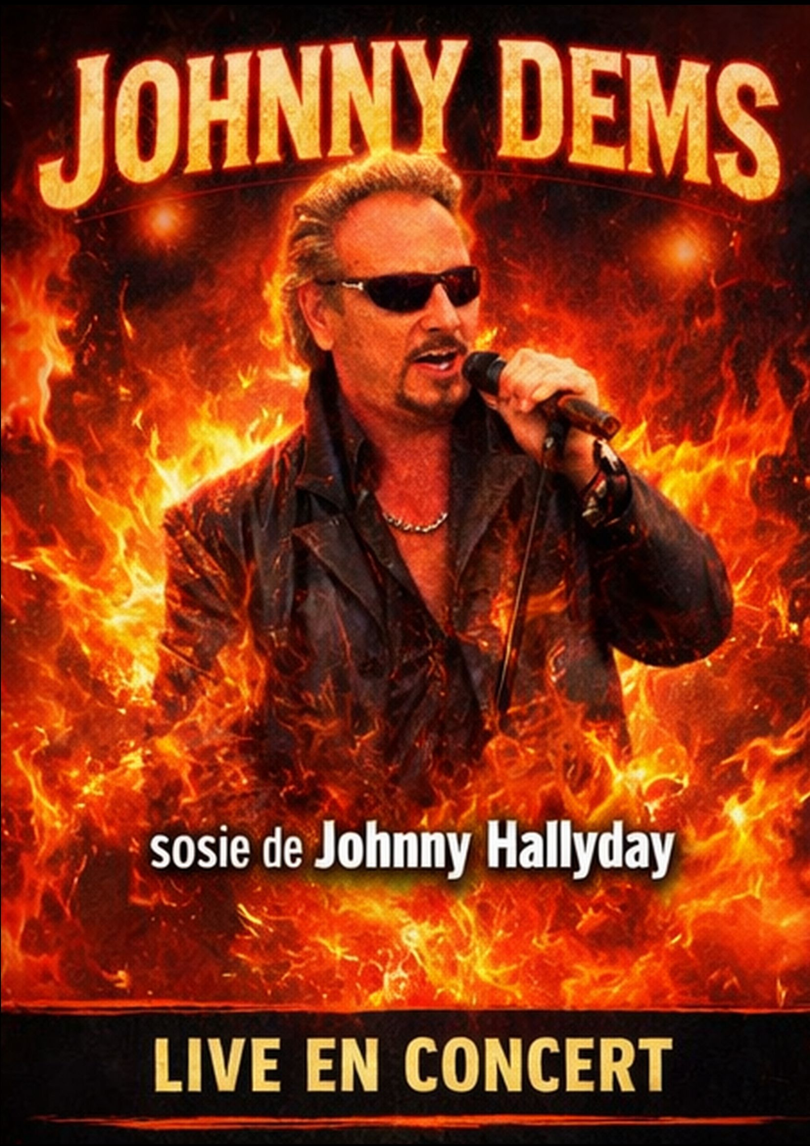 FETE DE LA MUSIQUE Concert hommage à Johnny HALLYDAY intéprété par Johnny DEMS le dimache 21 Juin au coin des halles 46000 Cahors réstauration sur place Affiche de Johnny Dems en sosie de Johnny Hallyday.