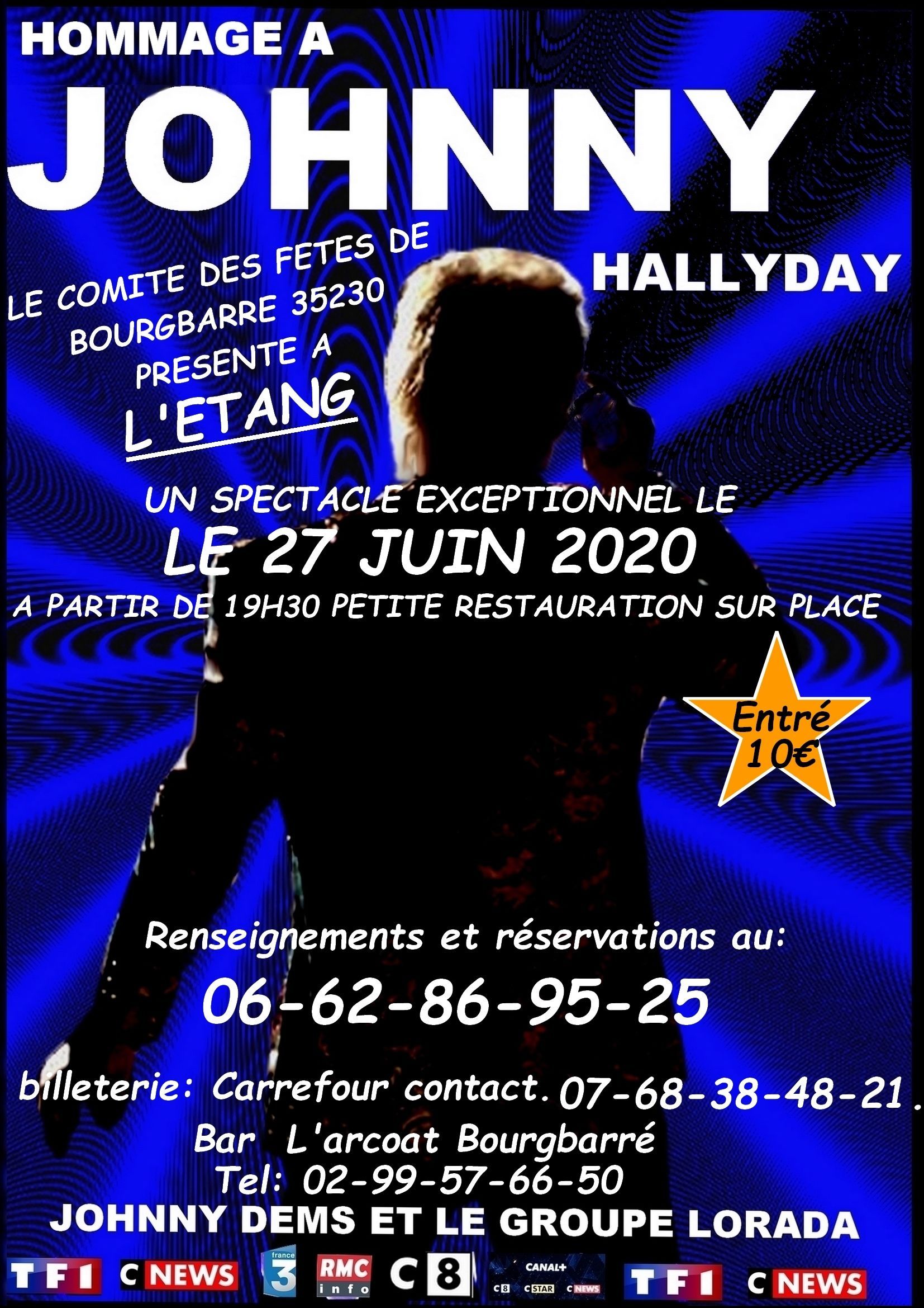 Affiche pour un spectacle hommage à Johnny Hallyday à L'Étang avec les informations de contact et de billetterie.