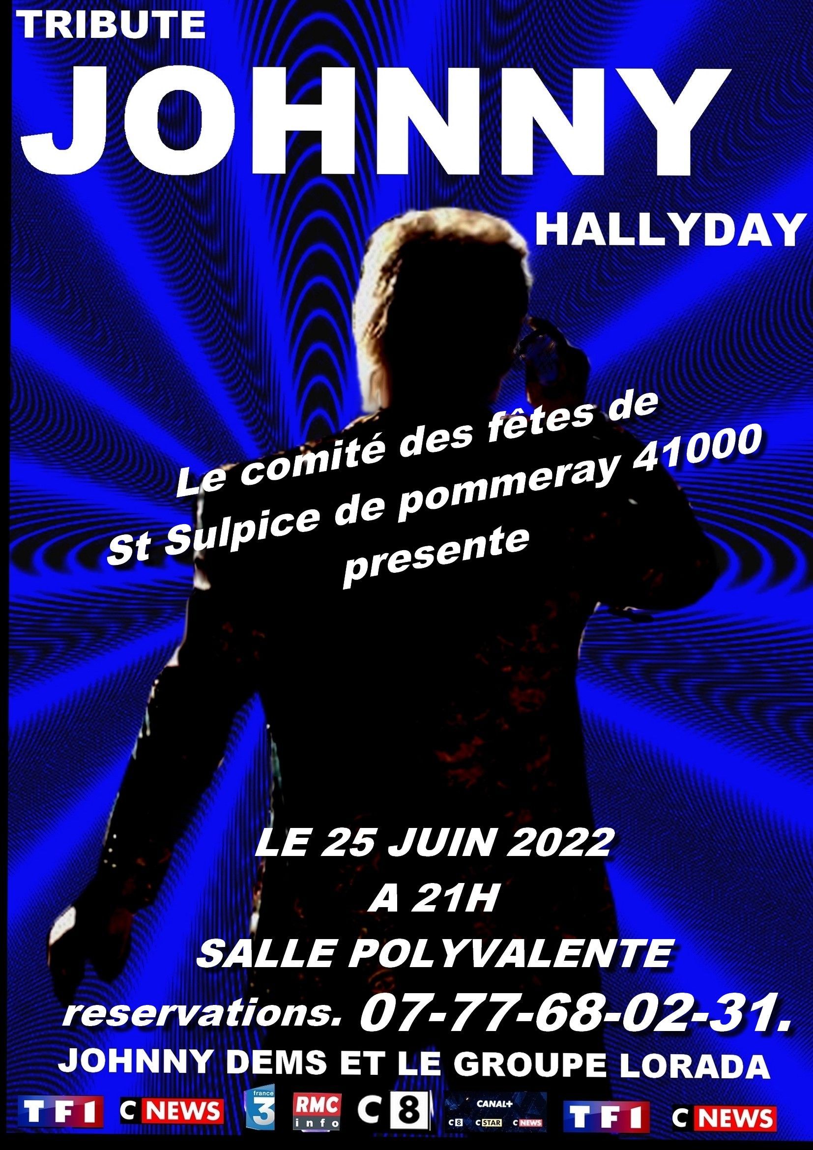 Affiche pour un concert hommage à Johnny Hallyday le 25 juin 2022. Silhouette du chanteur sur fond bleu.