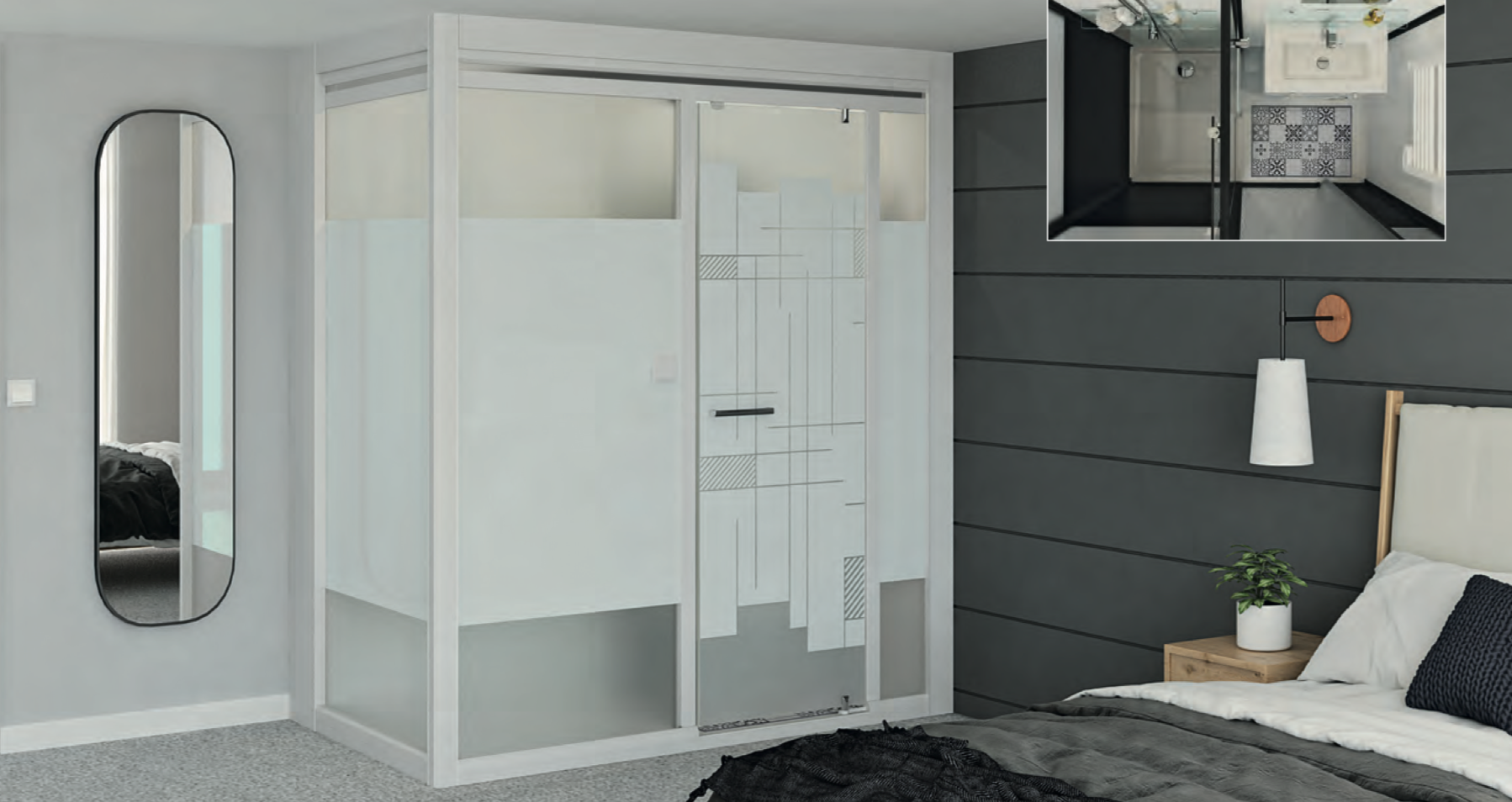 Douche avec paroi dans une chambre