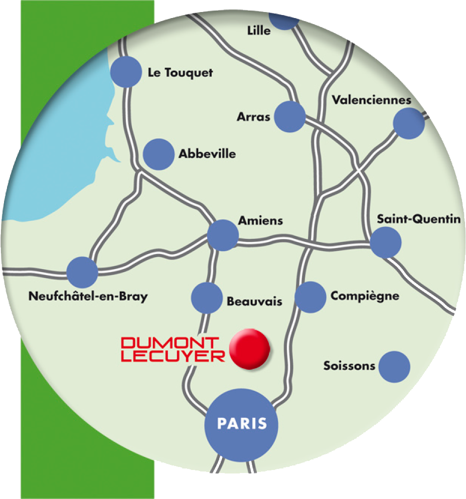 Carte du nord de la France, mettant en évidence Dumont Lecuyer près de Beauvais, avec Paris en bas.