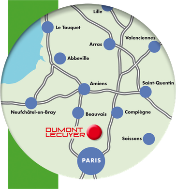 Carte du nord de la France, mettant en évidence Dumont Lecuyer près de Beauvais, avec Paris en bas.