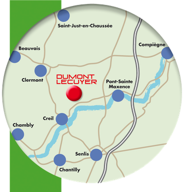 Carte indiquant la localisation de Dumont Lecuyer, avec les villes environnantes : Beauvais, Compiègne, Chantilly.