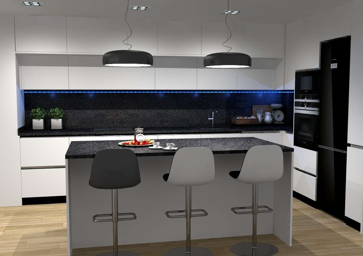 Cocina moderna con isla central, tres taburetes, lámparas colgantes y armarios en blanco y negro.