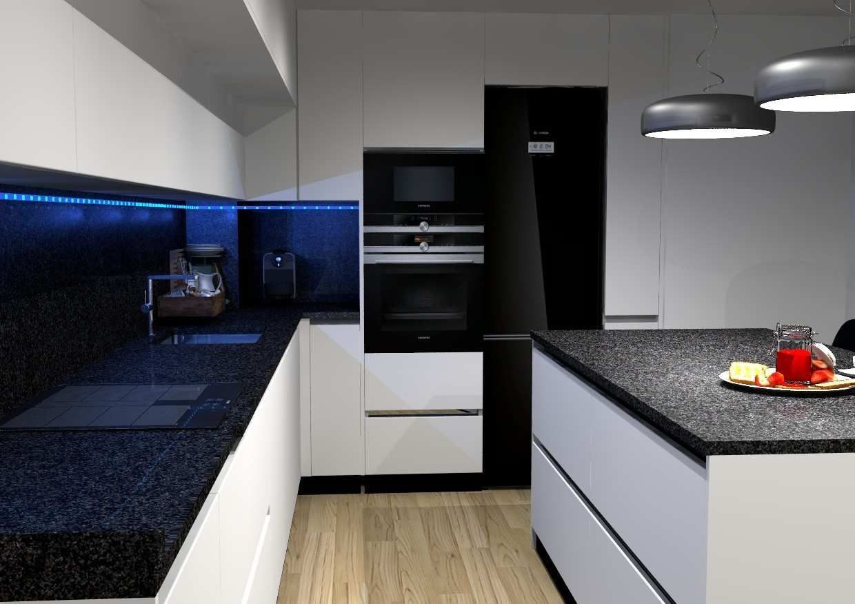 Cocina moderna con encimeras negras, armarios blancos, iluminación azul bajo los armarios y una pequeña bandeja.