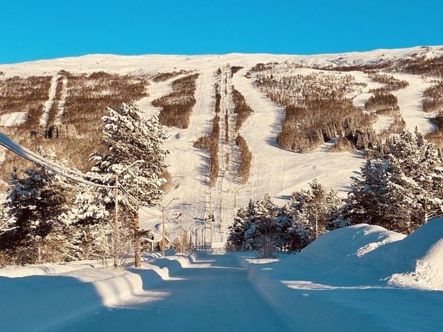Snowy road leading to the ski slopes at Bjorli on a clear winter day